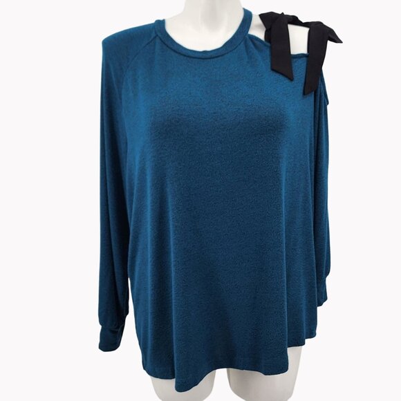 Lane Bryant Cold Shoulder Turquoise Plus Size 18 Sweater Black Ribbon Accent - Picture 2 of 8